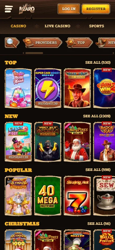 Lizaro Casino games area on a mobile device
