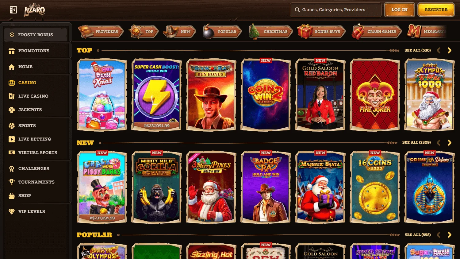 Lizaro Casino games area on desktop