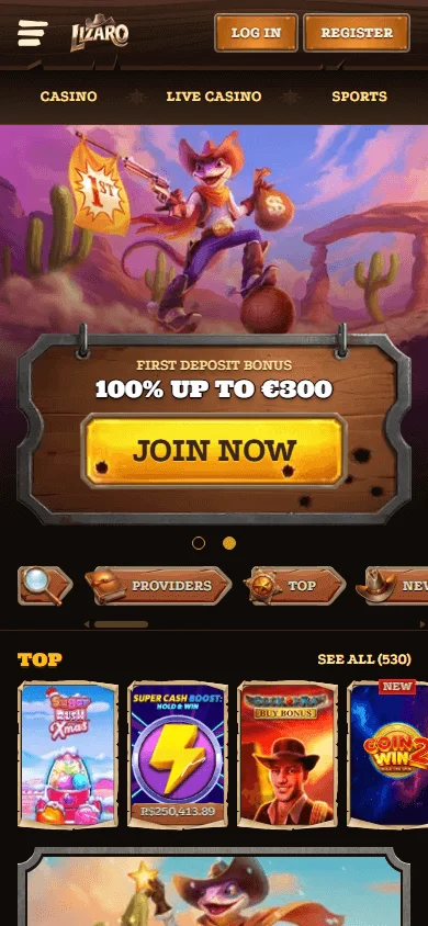 Lizaro Casino home page on a mobile device