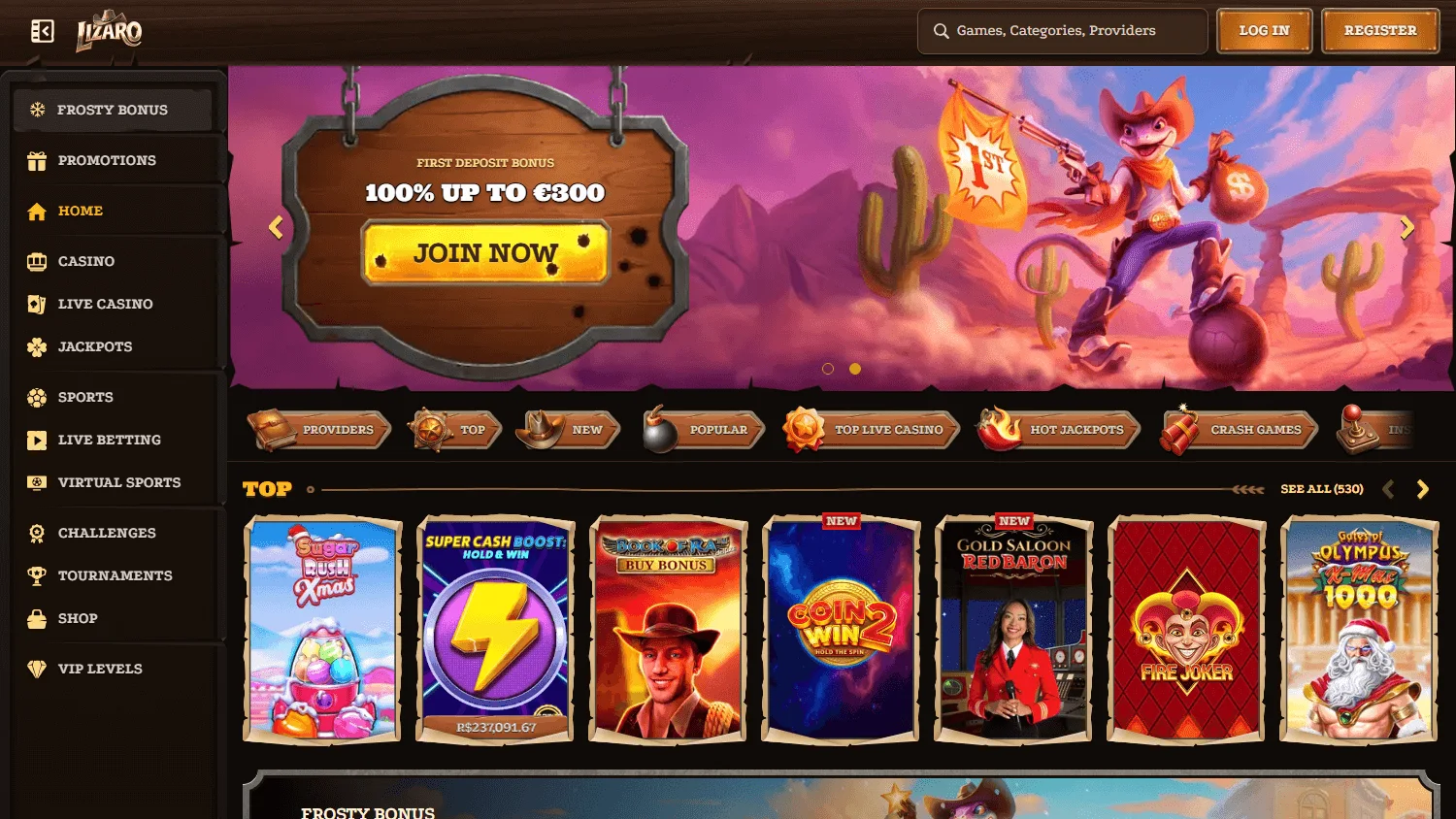 Lizaro Casino home page on desktop