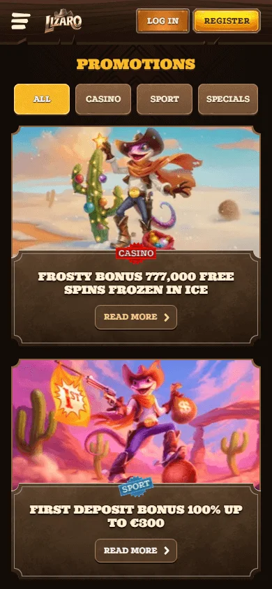 Lizaro Casino promotions area on a mobile device