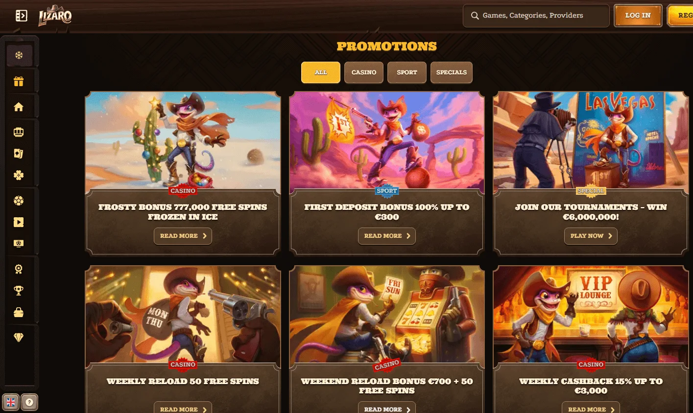Lizaro Casino promotions area on desktop